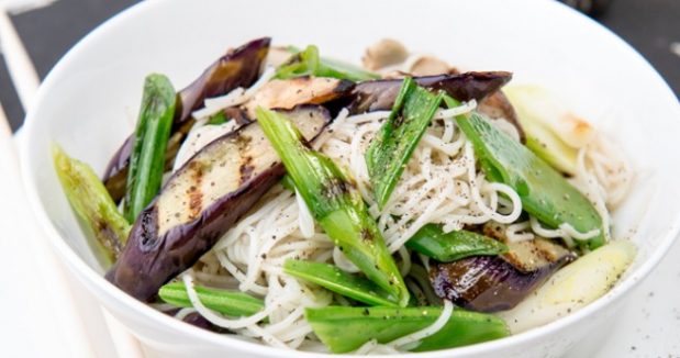 Somen Noodle Salad with Eggplant, Sugar Snap Peas and Lime Dressing